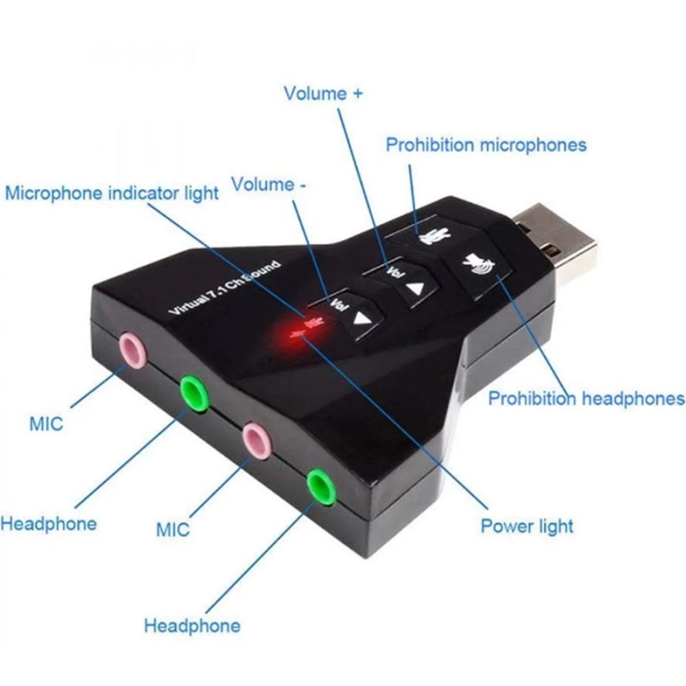 Maxgo Usb Ses Kartı 7 Kanal Çevirici Dönüştürücü Laptop Harici Kartı Mikrofon Kulaklık Girişli 2100