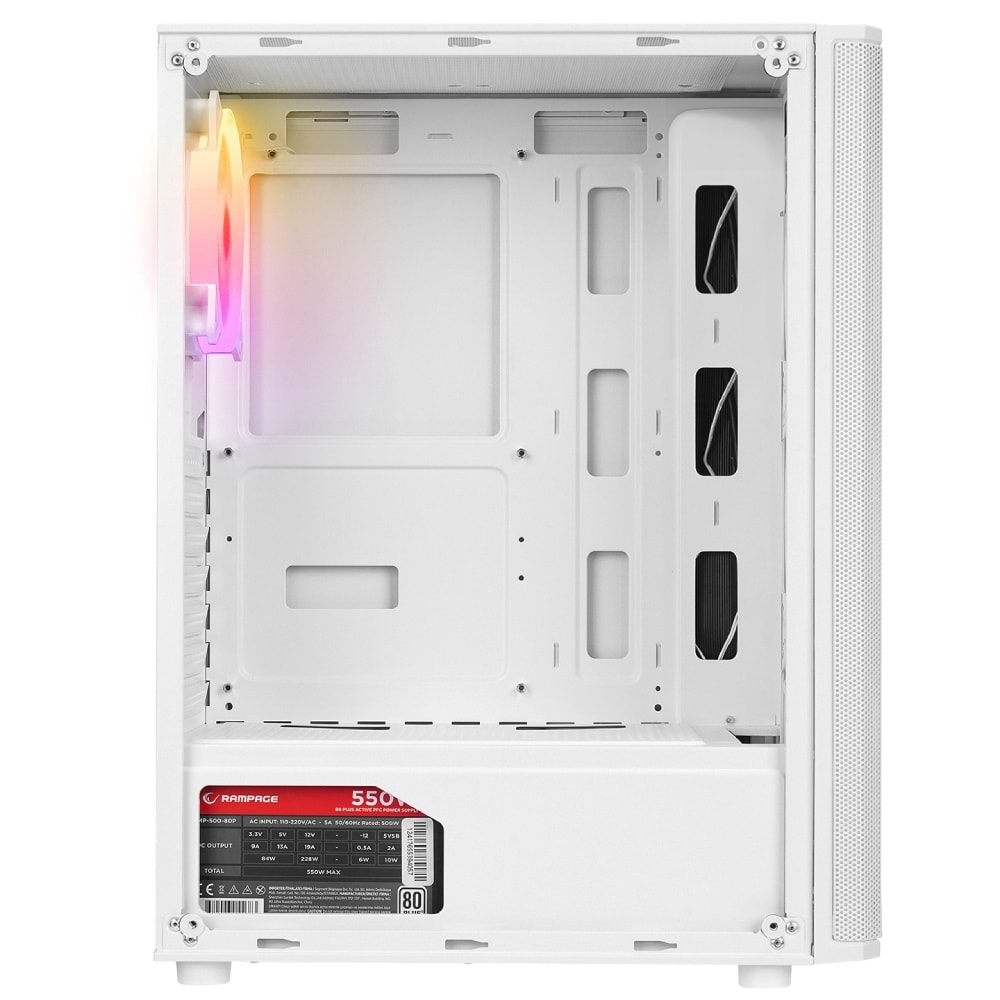 Rampage HELIOS Mesh 550W 80+ Siyah Temperli Cam 4x12cm Rainbow ATX Mid-T Gaming Beyaz Kasa