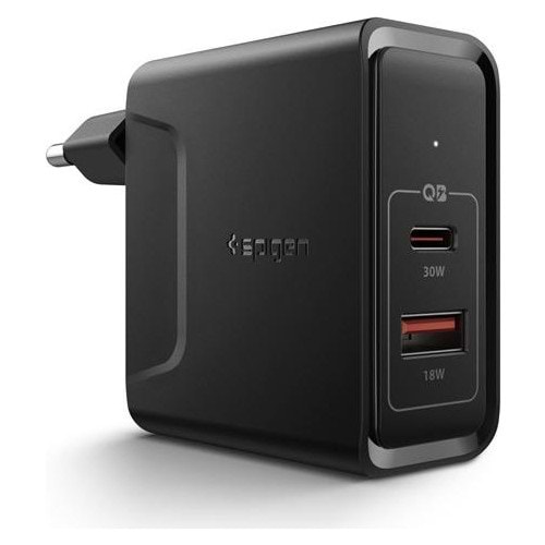 Spigen Steadiboost 48W Hızlı Şarj Cihazı (USB-C PD 3.0 30W + Quick Charge 3.0 18W) iPhone / Android / Macbook Şarj Adaptörü Black